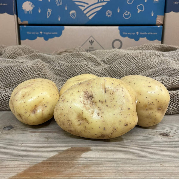 A bunch of raw baking potatoes.