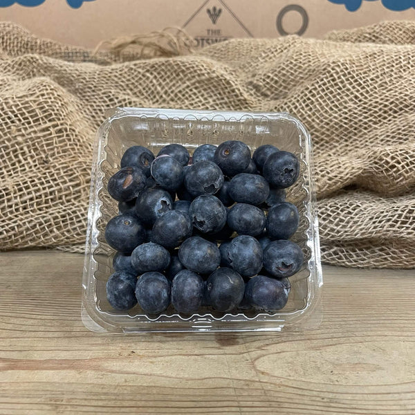 A punnet filled with fresh blueberries. 