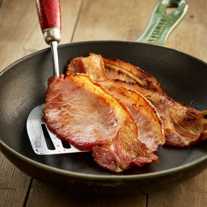 A pan of cooked of David Moore's back bacon. 