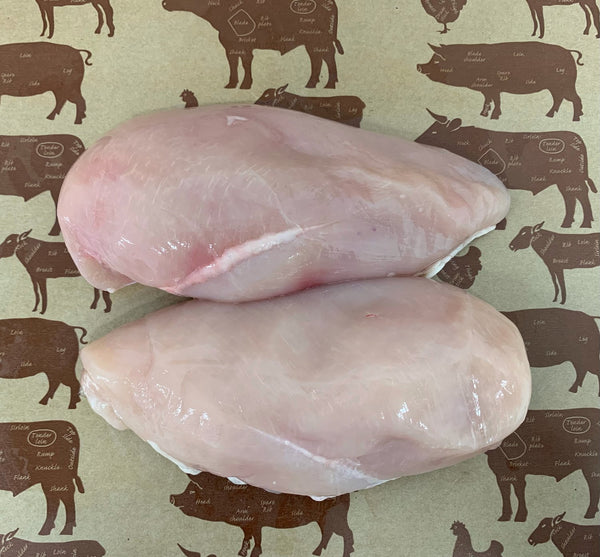 Two raw David Moore's chicken breasts.