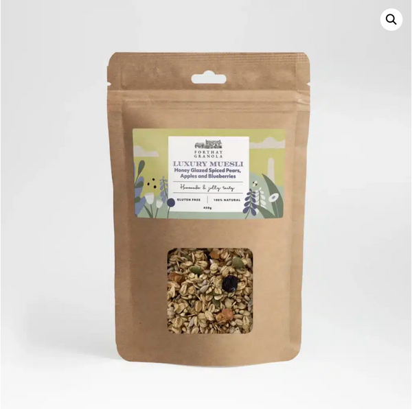 A Forthay Granola pack of Luxury Muesli  Honey Glazed Spiced Pear, Apple and Blueberry.