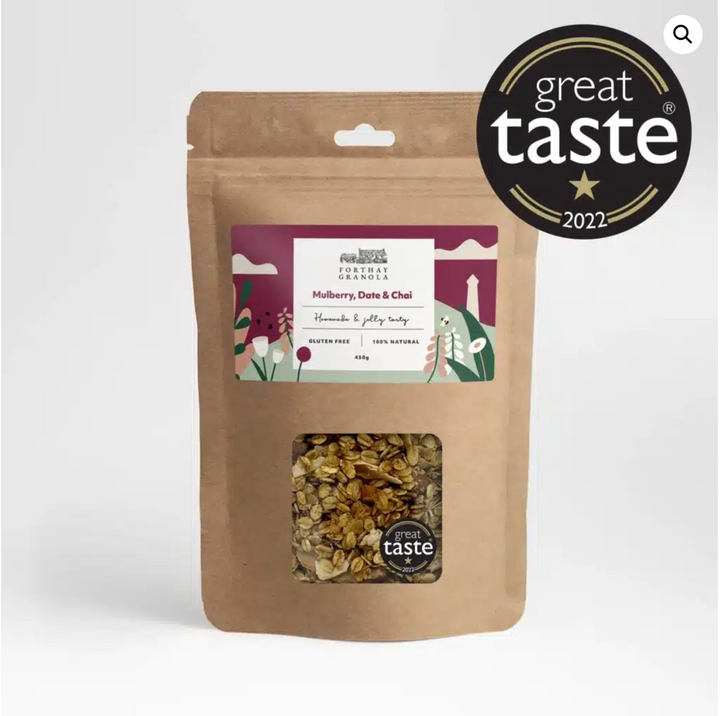 A pack of Forthay Granola Mulberry, Date & Chai Granola. 