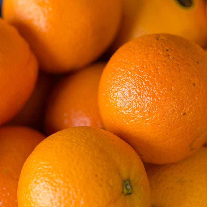 A close-up of large oranges.