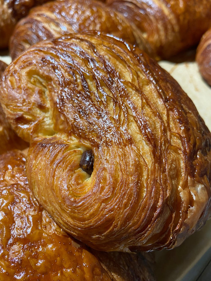 A close-up of pain au chocolat.